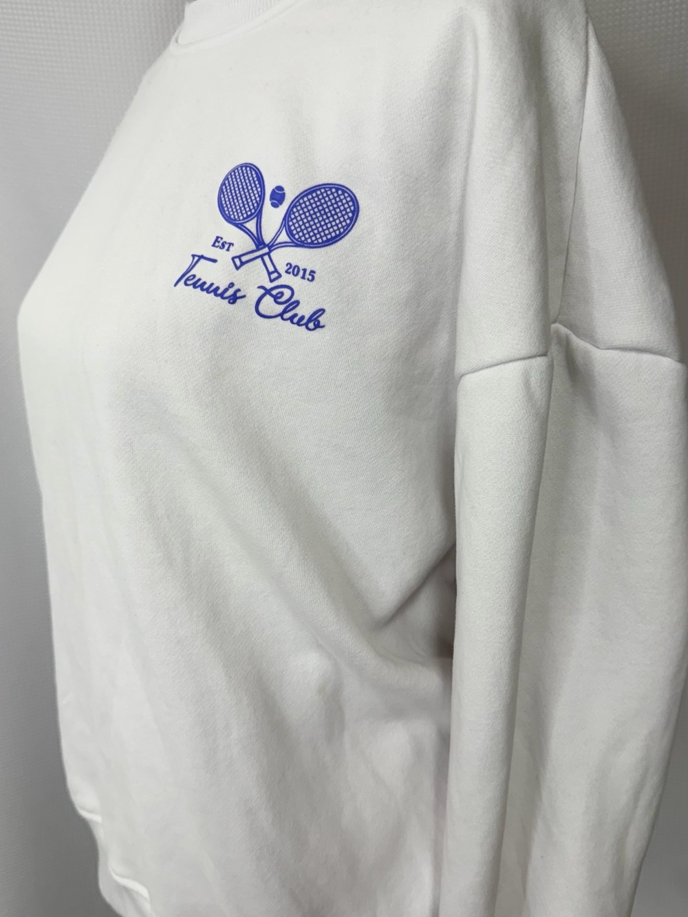 Tennis Club Graphic Crewneck Sweatshirt - White with Blue Print